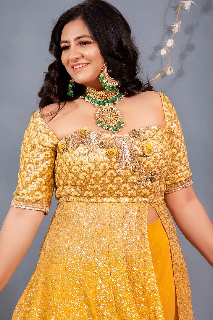 Mustard Georgette Embroidered Wedding Anarkali Set by Saaj By Ankita at Pernia's Pop Up Shop