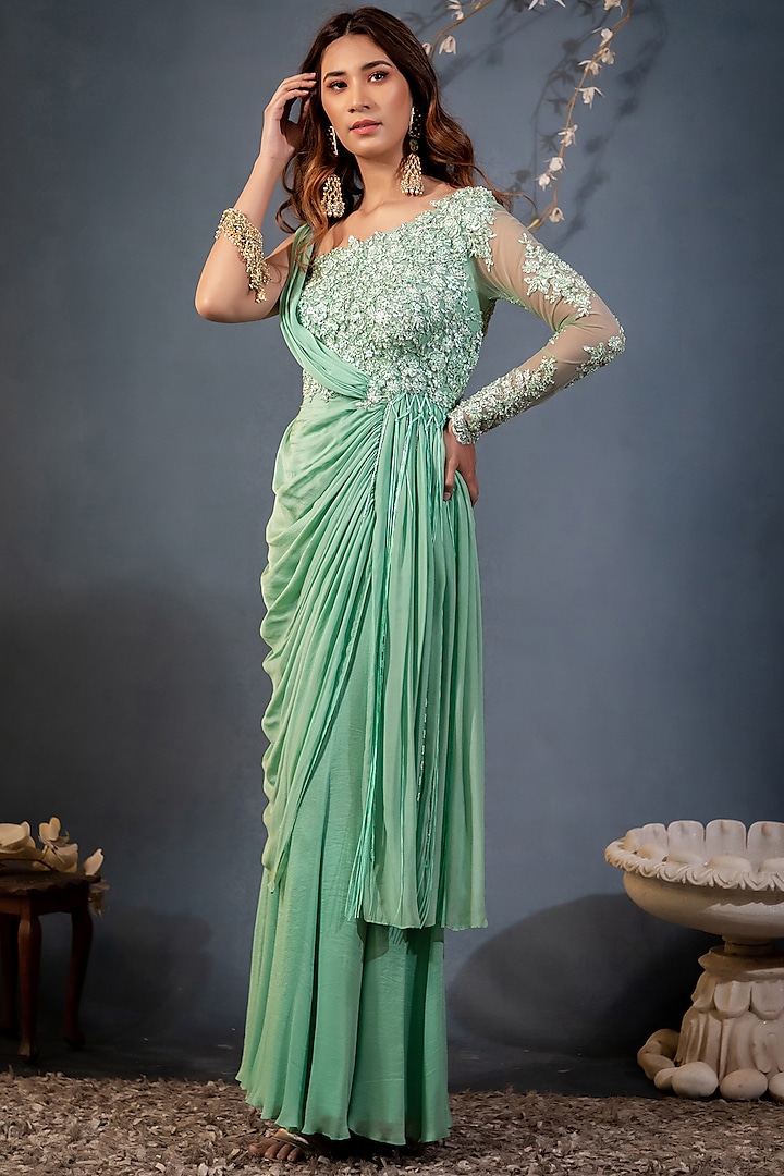 Mint Green Beads Embroidered Gown Saree by Saaj By Ankita