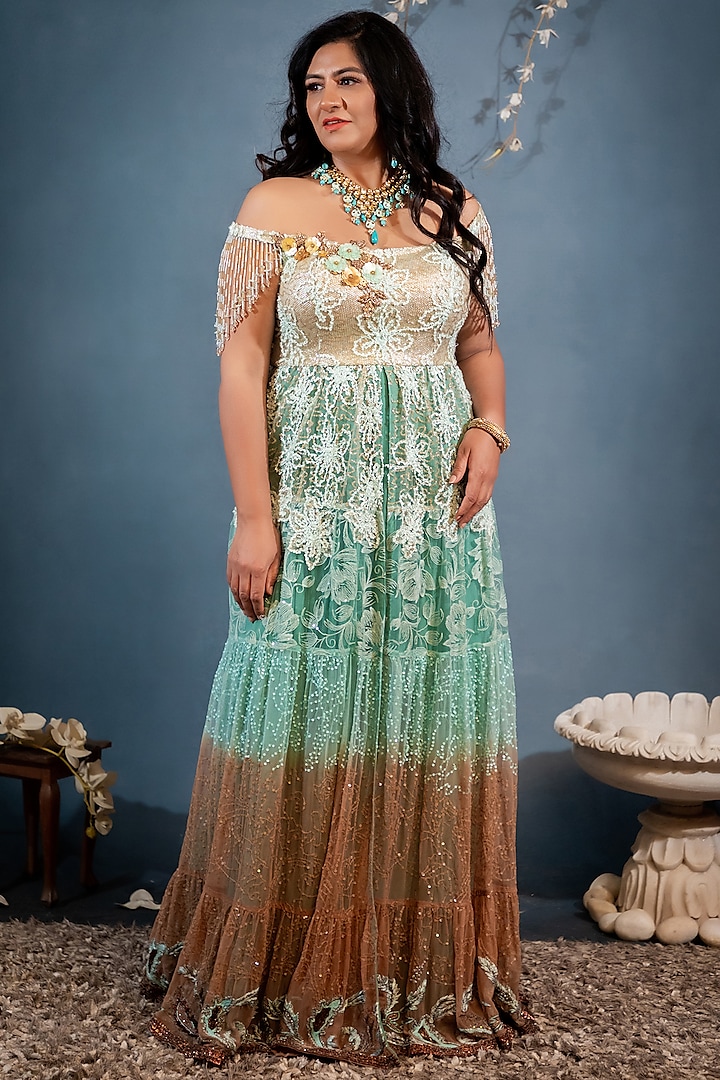 Mint Green Embroidered Gown by Saaj By Ankita