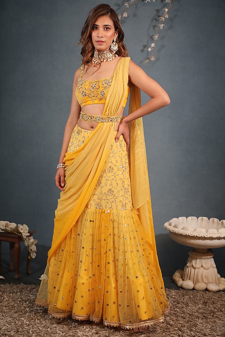 Yellow Georgette & Net Sequins Embroidered Lehenga Saree Set by Saaj By Ankita at Pernia's Pop Up Shop