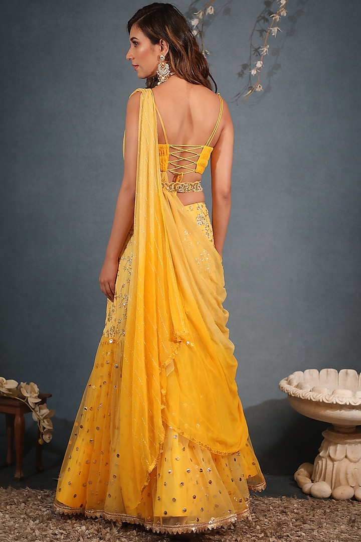 Yellow Georgette & Net Sequins Embroidered Wedding Lehenga Saree Set by Saaj By Ankita at Pernia's Pop Up Shop