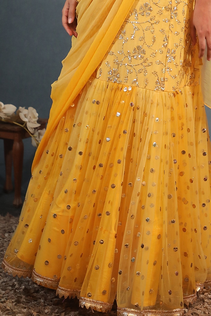 Yellow Georgette & Net Sequins Embroidered Wedding Lehenga Saree Set by Saaj By Ankita at Pernia's Pop Up Shop