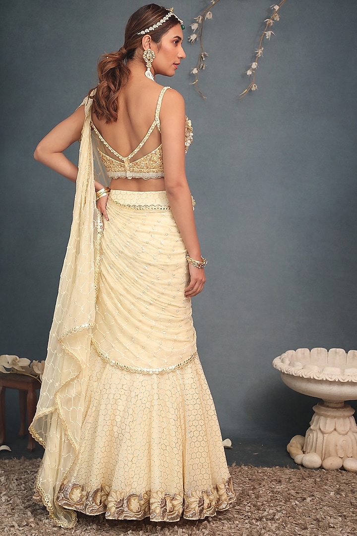 Yellow Georgette & Net Sequins Embroidered Wedding Lehenga Saree Set by Saaj By Ankita at Pernia's Pop Up Shop
