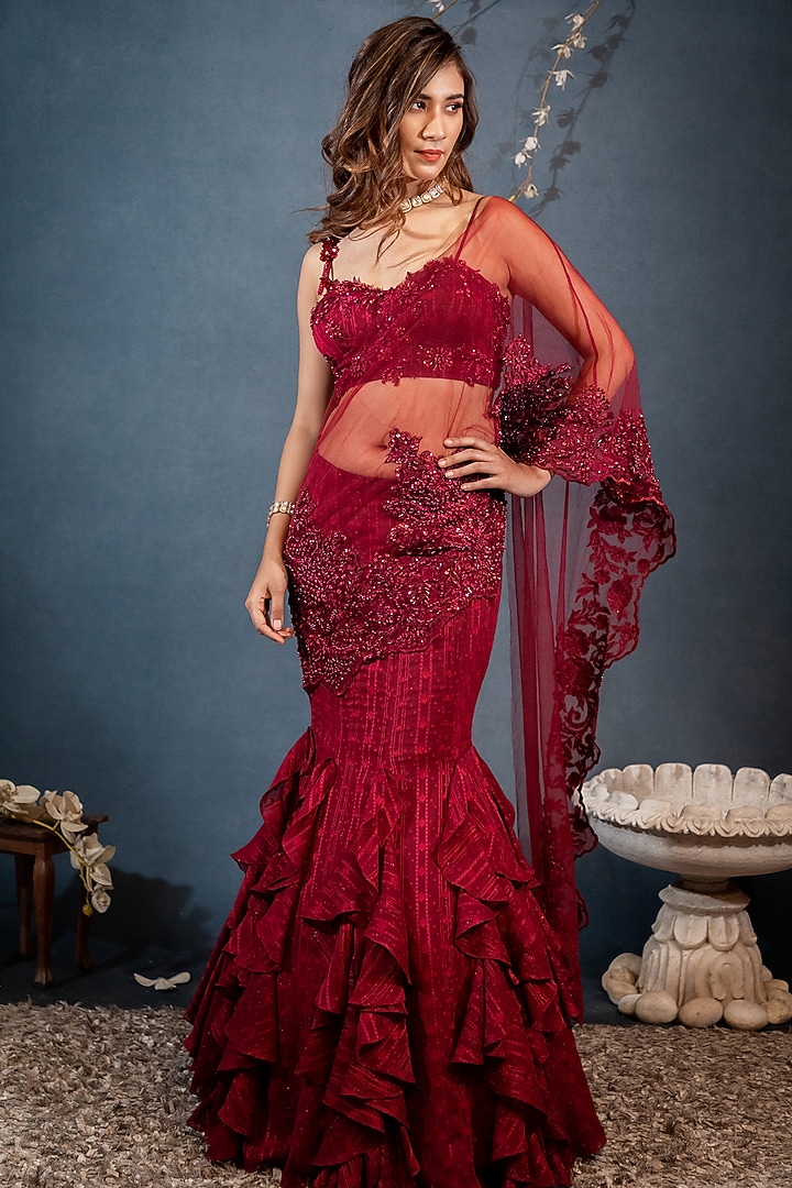 Wine Embroidered Ruffled Pre-Stitched Wedding Saree Set by Saaj By Ankita at Pernia's Pop Up Shop