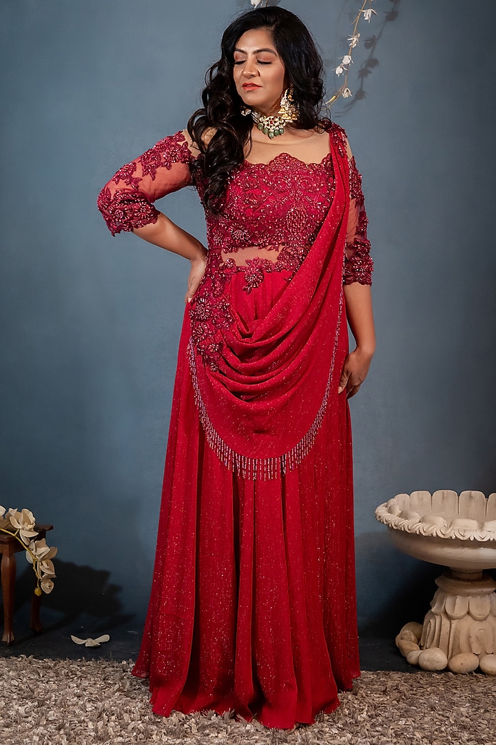 Maroon Embroidered Gown Saree by Saaj By Ankita
