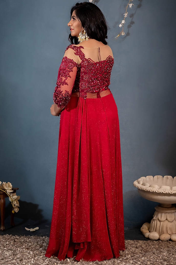 Maroon Embroidered Wedding Gown Saree by Saaj By Ankita at Pernia's Pop Up Shop