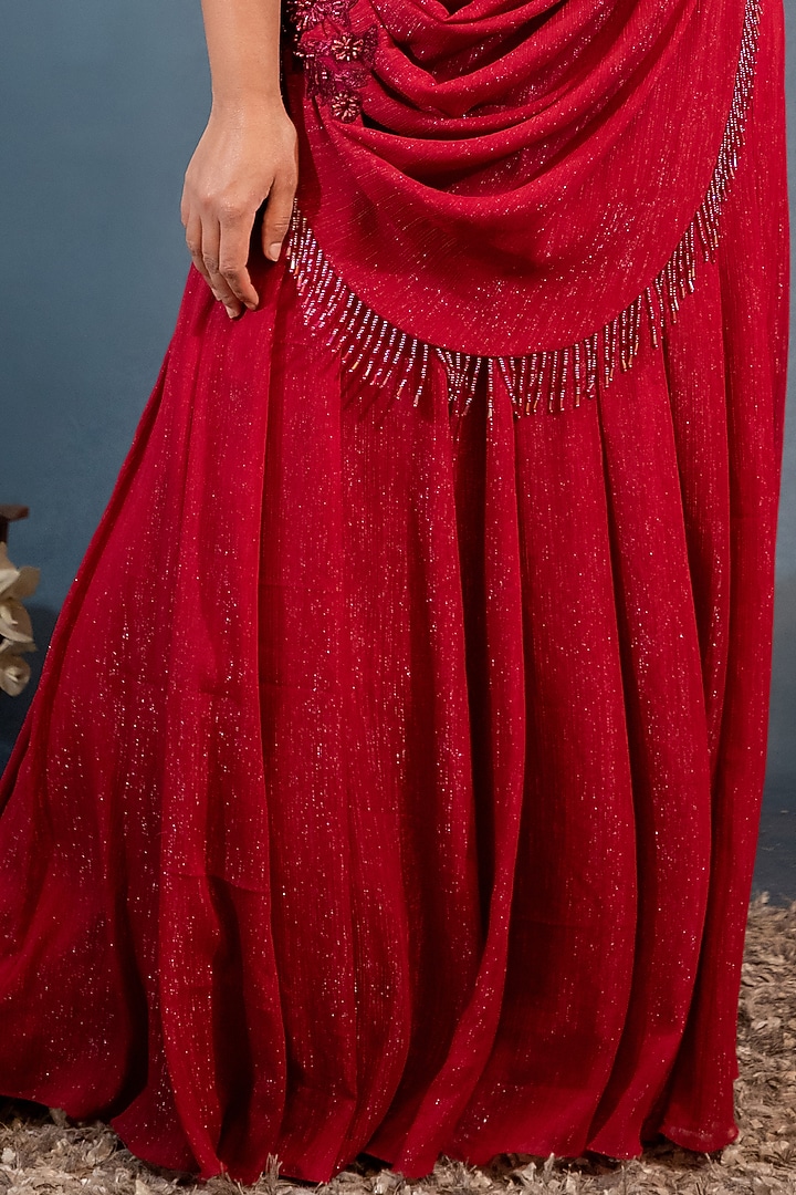 Maroon Embroidered Wedding Gown Saree by Saaj By Ankita at Pernia's Pop Up Shop