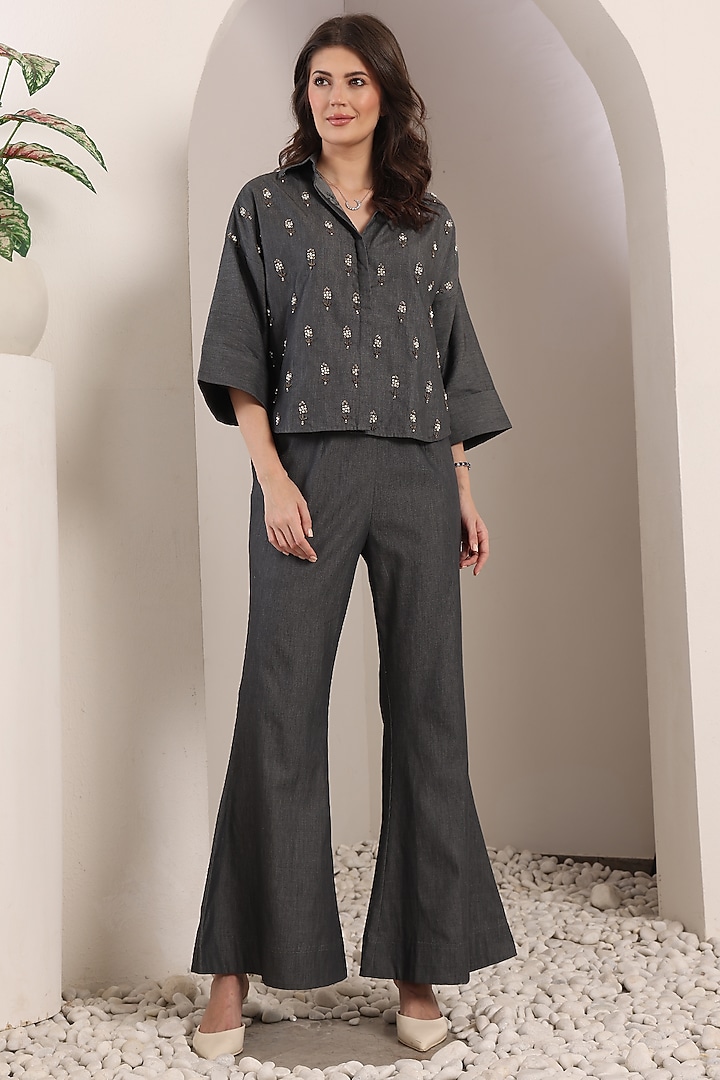 Grey Chambray Motif Hand Embellished Co-Ord Set by Saaj By Ankita at Pernia's Pop Up Shop