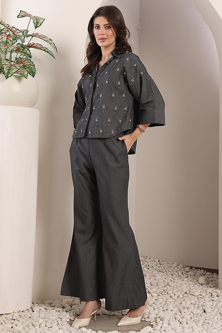 Grey Chambray Motif Hand Embellished Co-Ord Set by Saaj By Ankita at Pernia's Pop Up Shop