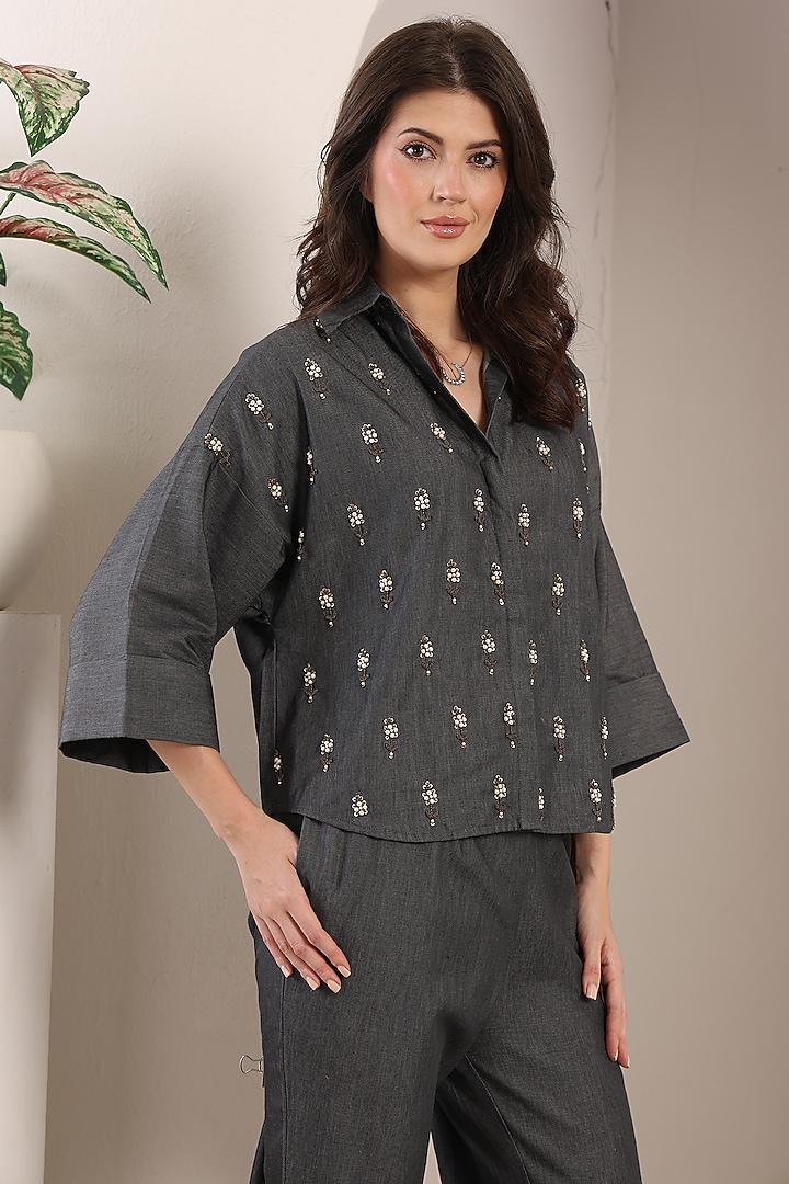 Grey Chambray Motif Hand Embellished Co-Ord Set by Saaj By Ankita at Pernia's Pop Up Shop