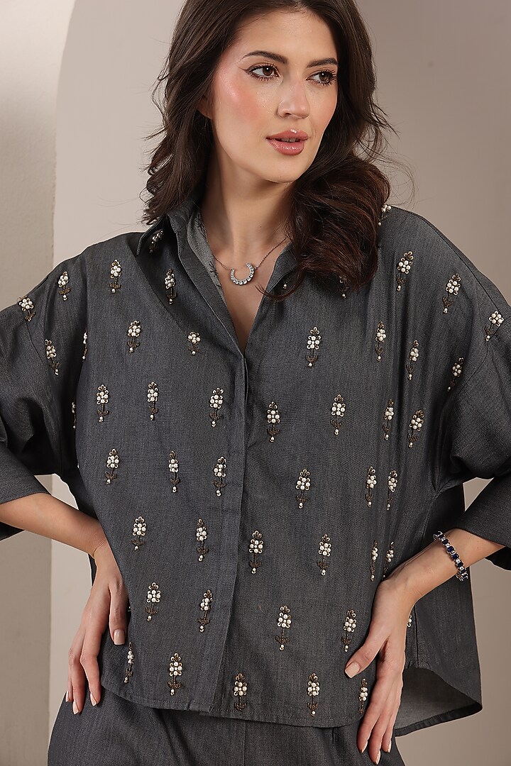 Grey Chambray Motif Hand Embellished Co-Ord Set by Saaj By Ankita at Pernia's Pop Up Shop