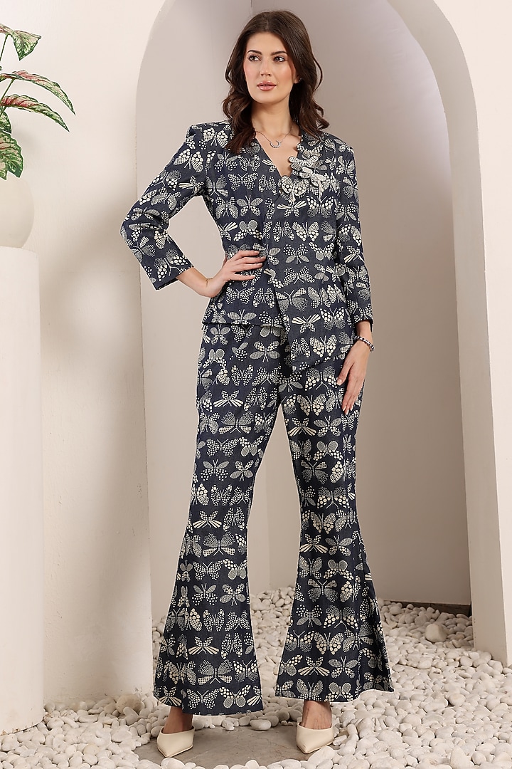 Blue Soft Denim Printed & Embroidered Co-Ord Set by Saaj By Ankita at Pernia's Pop Up Shop
