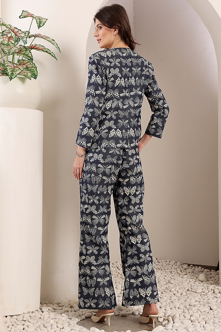 Blue Soft Denim Printed & Embroidered Co-Ord Set by Saaj By Ankita at Pernia's Pop Up Shop