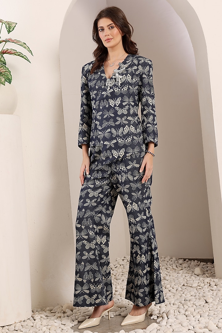 Blue Soft Denim Printed & Embroidered Co-Ord Set by Saaj By Ankita at Pernia's Pop Up Shop