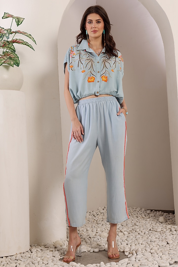 Sky Blue Chambray Floral & Thread Embroidered Co-Ord Set by Saaj By Ankita at Pernia's Pop Up Shop