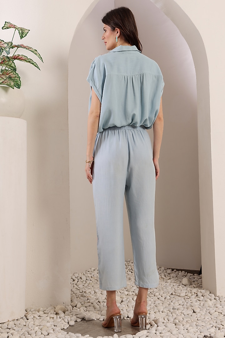 Sky Blue Chambray Floral & Thread Embroidered Co-Ord Set by Saaj By Ankita at Pernia's Pop Up Shop