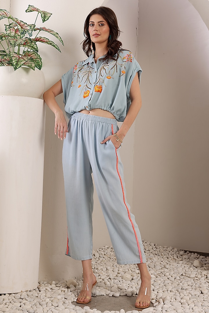 Sky Blue Chambray Floral & Thread Embroidered Co-Ord Set by Saaj By Ankita at Pernia's Pop Up Shop