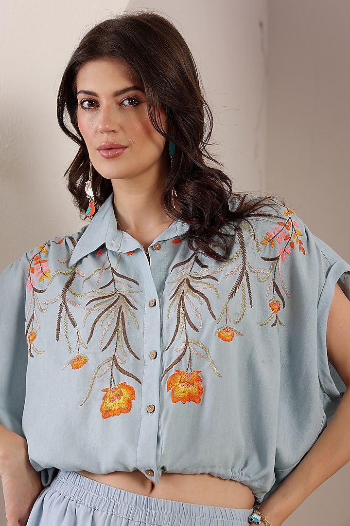 Sky Blue Chambray Floral & Thread Embroidered Co-Ord Set by Saaj By Ankita at Pernia's Pop Up Shop