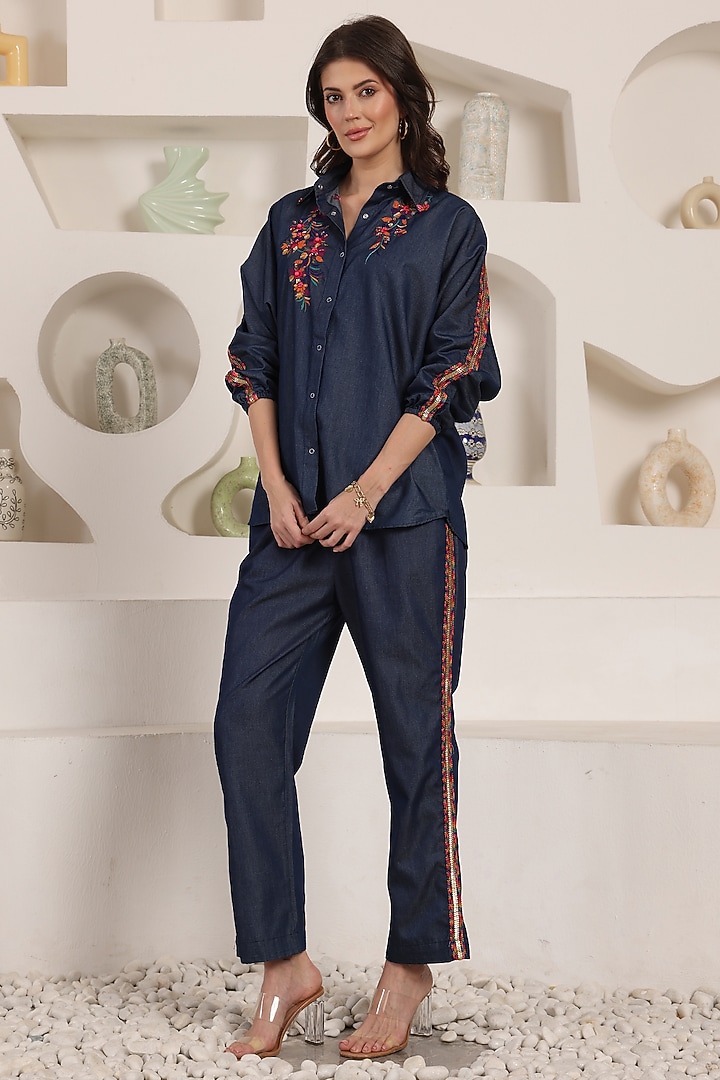 Indigo Blue Fluid Denim Thread Embroidered Co-Ord Set by Saaj By Ankita at Pernia's Pop Up Shop
