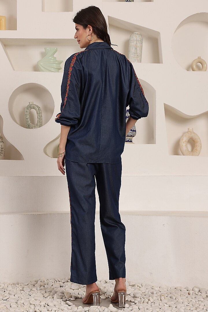 Indigo Blue Fluid Denim Thread Embroidered Co-Ord Set by Saaj By Ankita at Pernia's Pop Up Shop