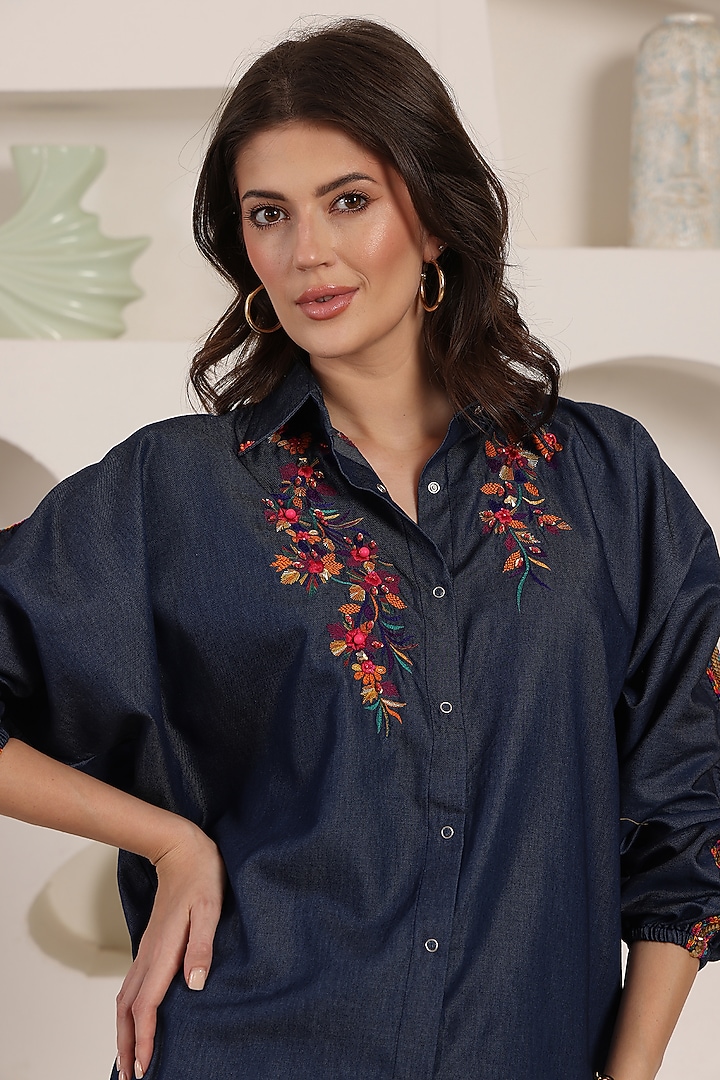 Indigo Blue Fluid Denim Thread Embroidered Co-Ord Set by Saaj By Ankita at Pernia's Pop Up Shop
