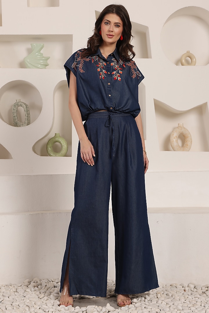 Indigo Blue Denim Floral & Thread Embroidered Co-Ord Set by Saaj By Ankita at Pernia's Pop Up Shop