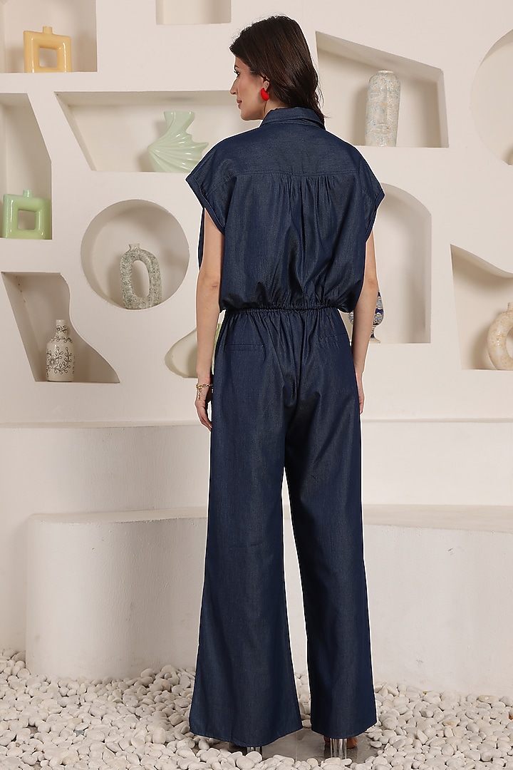 Indigo Blue Denim Floral & Thread Embroidered Co-Ord Set by Saaj By Ankita at Pernia's Pop Up Shop