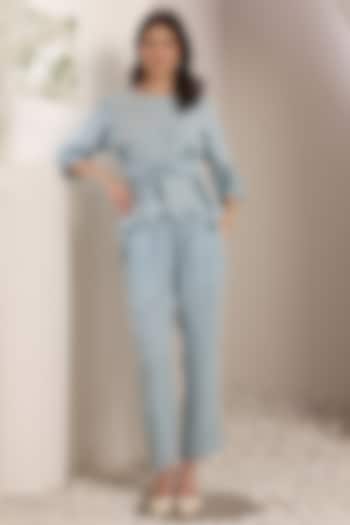 Sky Blue Chambray Floral & Crystal Embroidered Co-Ord Set by Saaj By Ankita at Pernia's Pop Up Shop