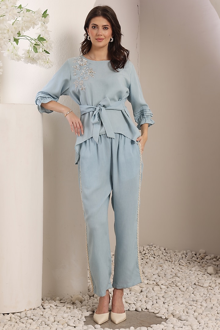 Sky Blue Chambray Floral & Crystal Embroidered Co-Ord Set by Saaj By Ankita at Pernia's Pop Up Shop
