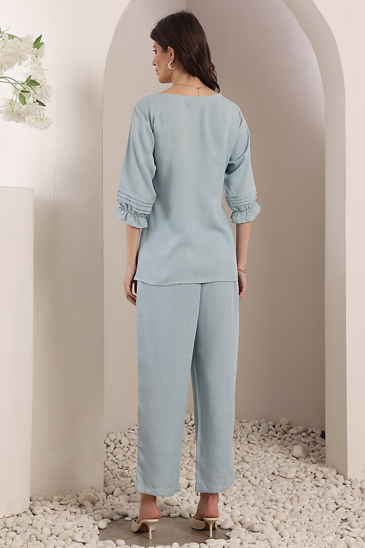 Sky Blue Chambray Floral & Crystal Embroidered Co-Ord Set by Saaj By Ankita at Pernia's Pop Up Shop