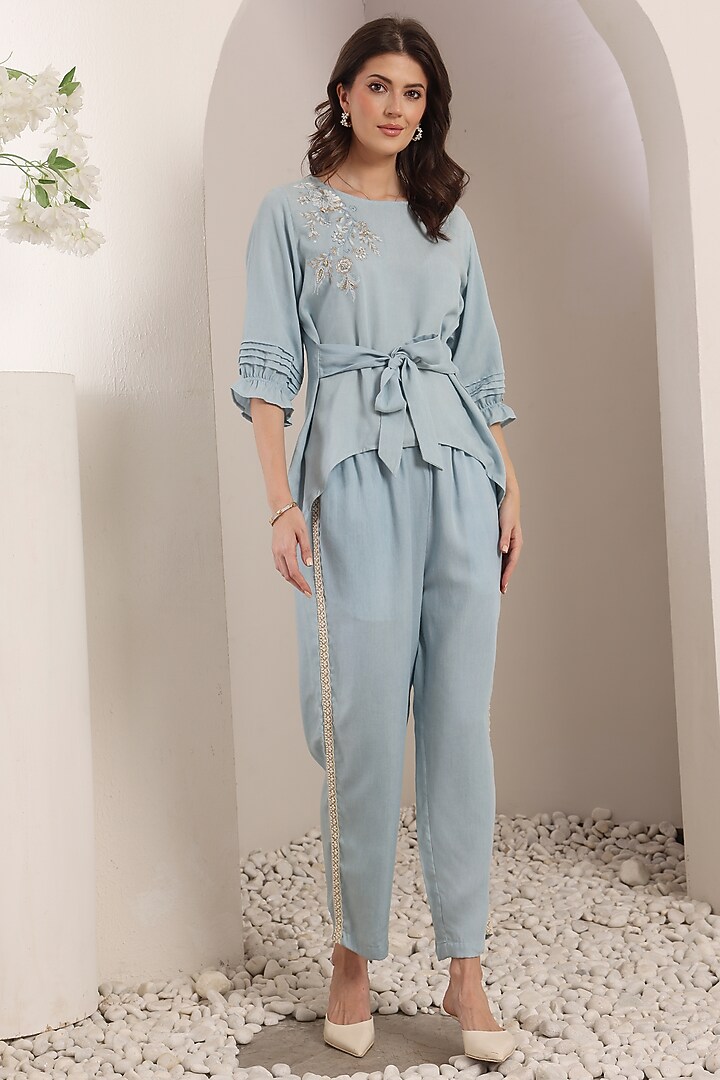 Sky Blue Chambray Floral & Crystal Embroidered Co-Ord Set by Saaj By Ankita at Pernia's Pop Up Shop