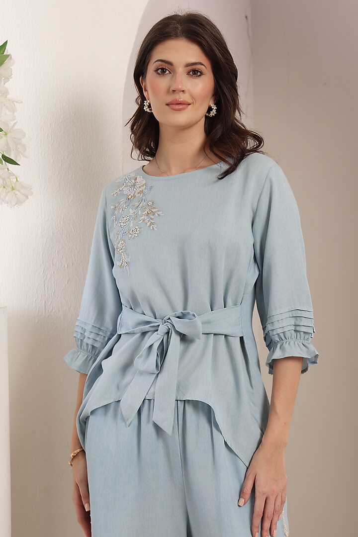 Sky Blue Chambray Floral & Crystal Embroidered Co-Ord Set by Saaj By Ankita at Pernia's Pop Up Shop