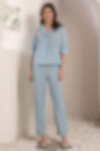 Sky Blue Chambray 3D Leaf Embroidered Co-Ord Set by Saaj By Ankita at Pernia's Pop Up Shop