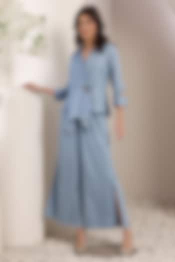 Sky Blue Chambray Crystal Co-Ord Set by Saaj By Ankita at Pernia's Pop Up Shop