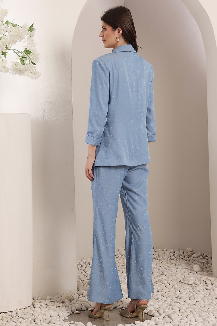 Sky Blue Soft Denim Crystal Work Co-Ord Set by Saaj By Ankita at Pernia's Pop Up Shop