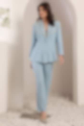 Sky Blue Denim Pearl Hand Embroidered Blazer Set by Saaj By Ankita at Pernia's Pop Up Shop