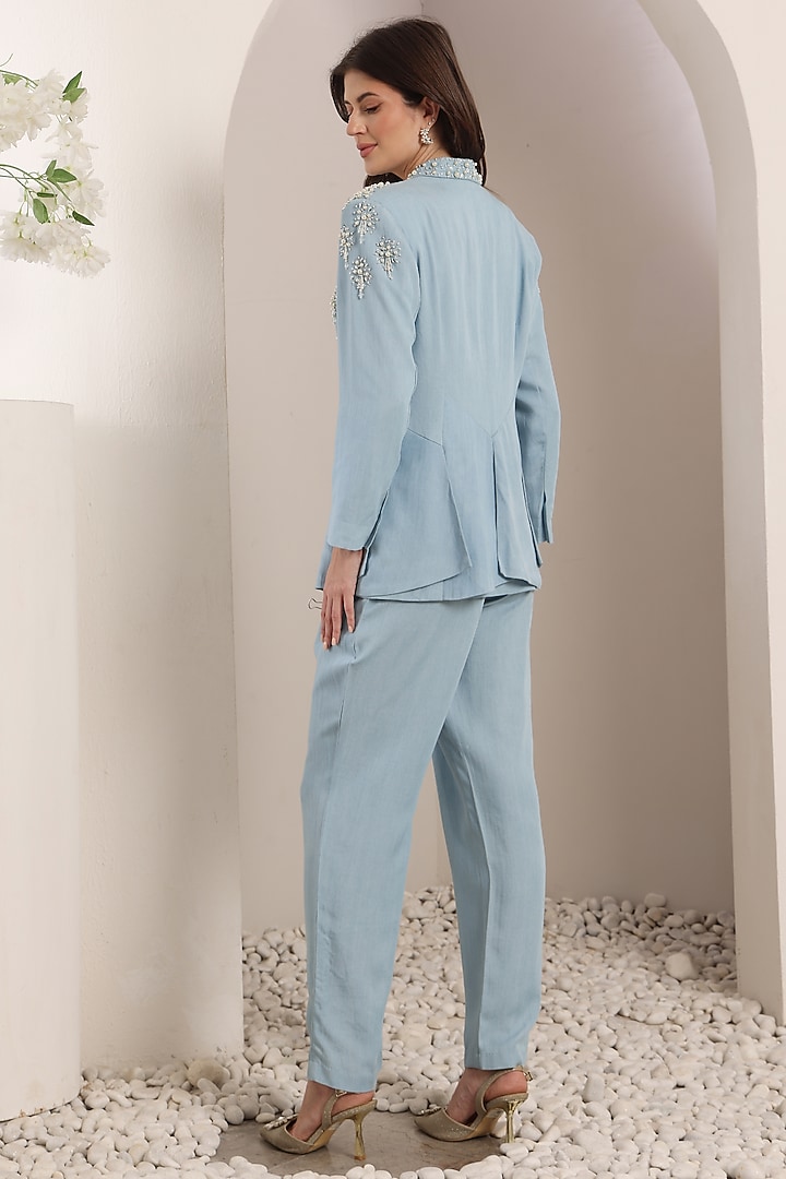 Sky Blue Denim Pearl Hand Embroidered Blazer Set by Saaj By Ankita at Pernia's Pop Up Shop