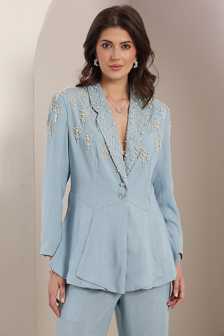 Sky Blue Denim Pearl Hand Embroidered Blazer Set by Saaj By Ankita at Pernia's Pop Up Shop