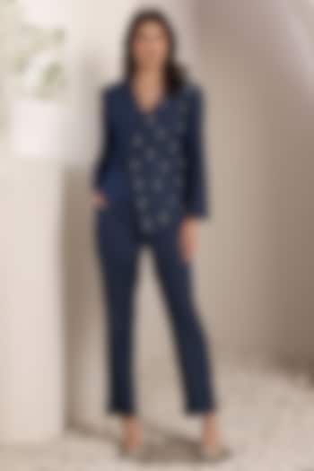 Blue Denim Crystal Embroidered Asymmetric Blazer Set by Saaj By Ankita at Pernia's Pop Up Shop