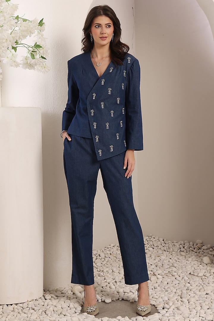 Blue Denim Crystal Embroidered Asymmetric Blazer Set by Saaj By Ankita at Pernia's Pop Up Shop