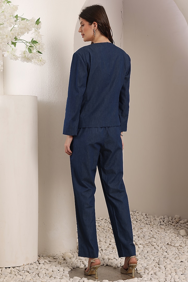 Blue Denim Crystal Embroidered Asymmetric Blazer Set by Saaj By Ankita at Pernia's Pop Up Shop