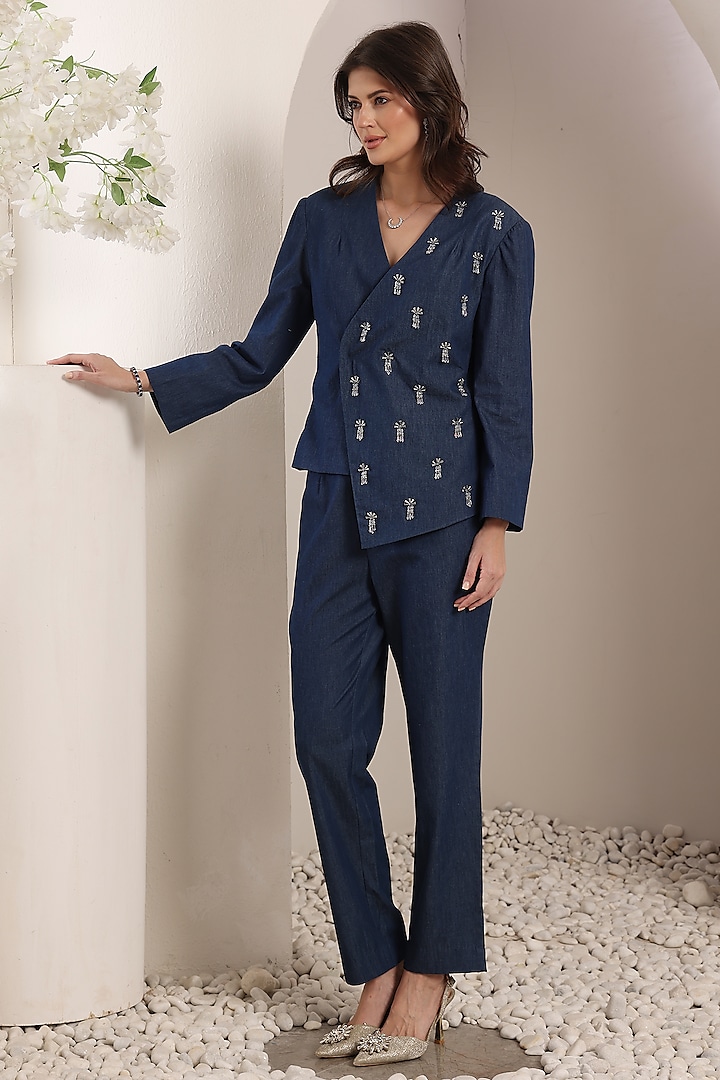 Blue Denim Crystal Embroidered Asymmetric Blazer Set by Saaj By Ankita at Pernia's Pop Up Shop