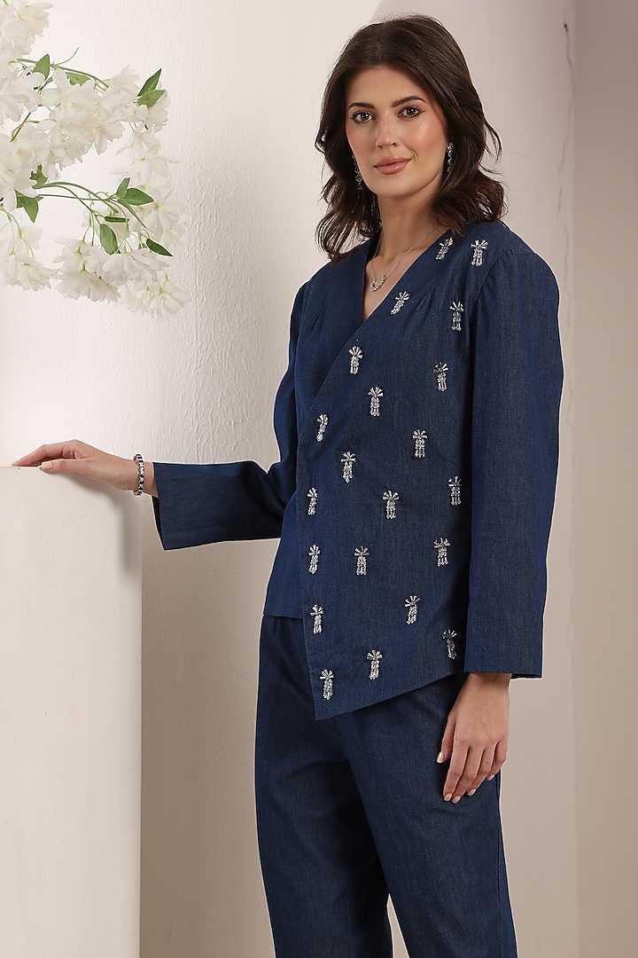 Blue Denim Crystal Embroidered Asymmetric Blazer Set by Saaj By Ankita at Pernia's Pop Up Shop