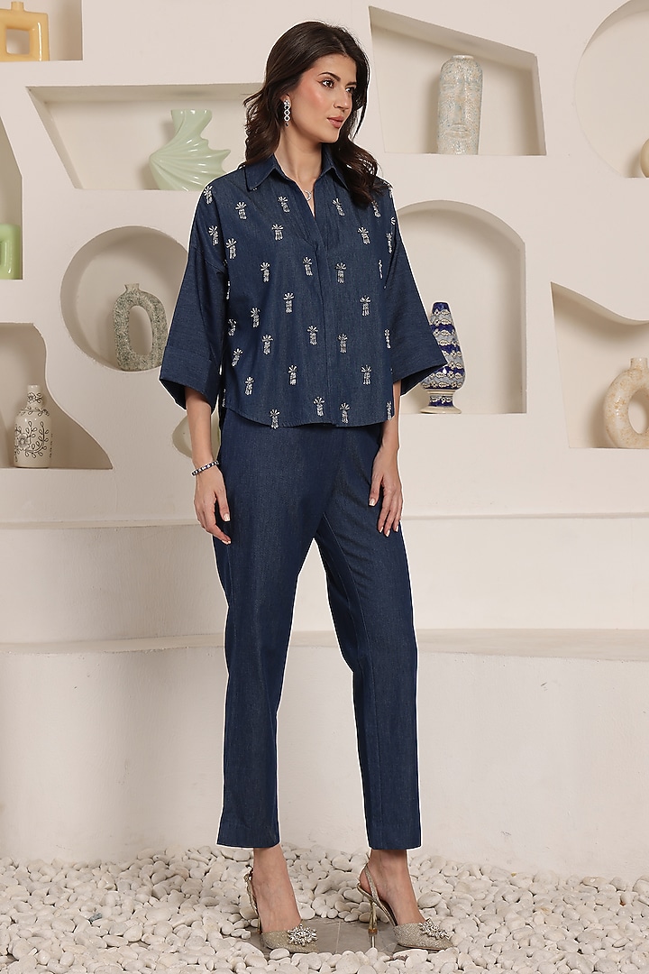 Indigo Denim Crystal Embroidered Co-Ord Set by Saaj By Ankita at Pernia's Pop Up Shop