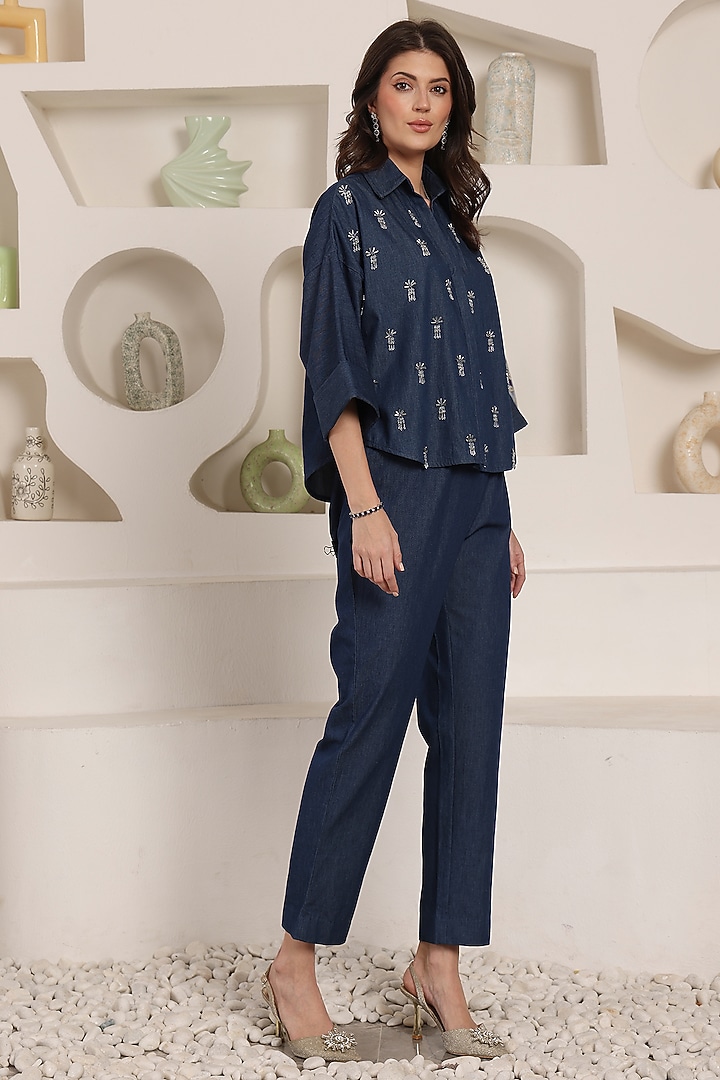 Indigo Denim Crystal Embroidered Co-Ord Set by Saaj By Ankita at Pernia's Pop Up Shop