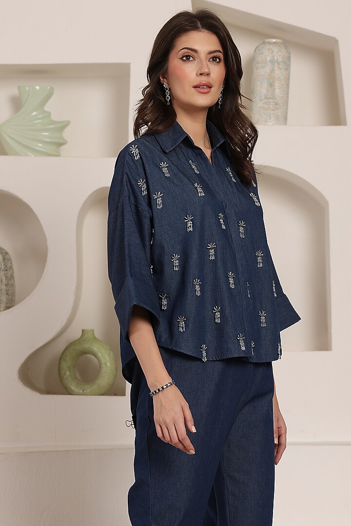 Indigo Denim Crystal Embroidered Co-Ord Set by Saaj By Ankita at Pernia's Pop Up Shop