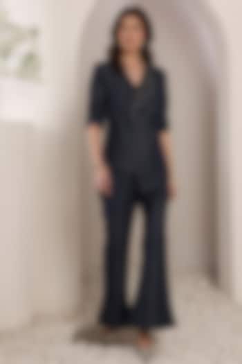 Indigo Denim Crystal & Thread Embroidered Asymmetric Blazer Set by Saaj By Ankita at Pernia's Pop Up Shop