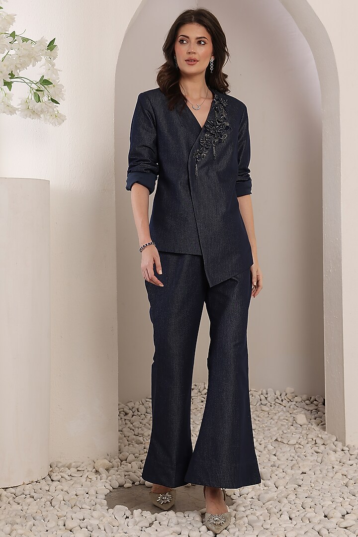 Indigo Denim Crystal & Thread Embroidered Asymmetric Blazer Set by Saaj By Ankita at Pernia's Pop Up Shop