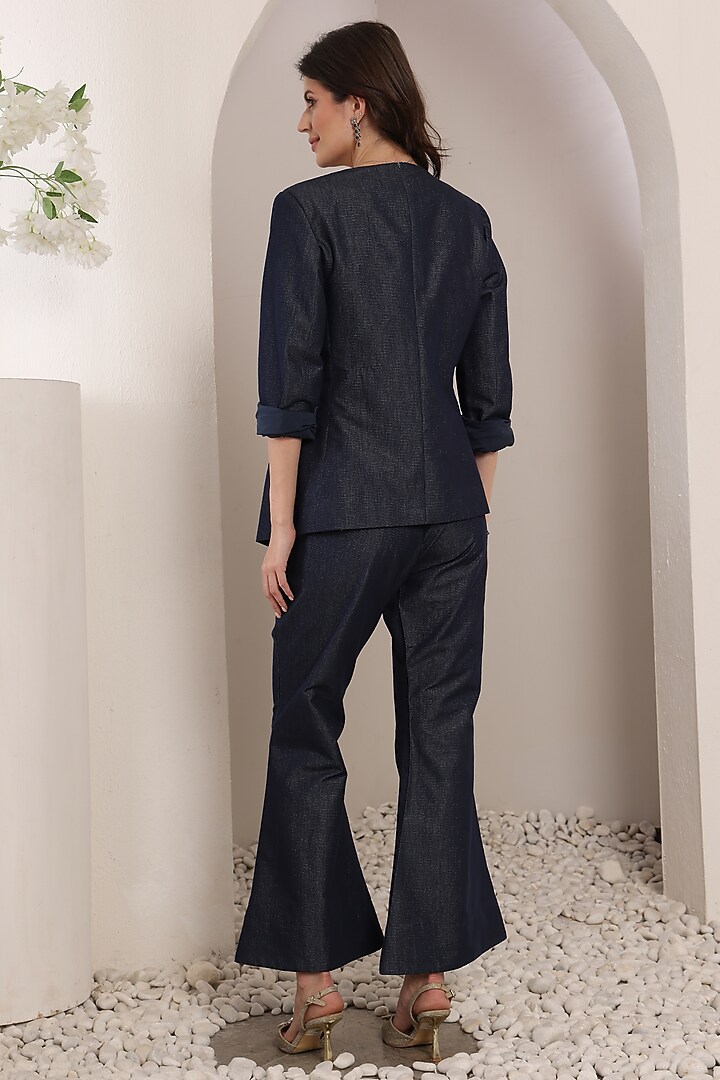 Indigo Denim Crystal & Thread Embroidered Asymmetric Blazer Set by Saaj By Ankita at Pernia's Pop Up Shop
