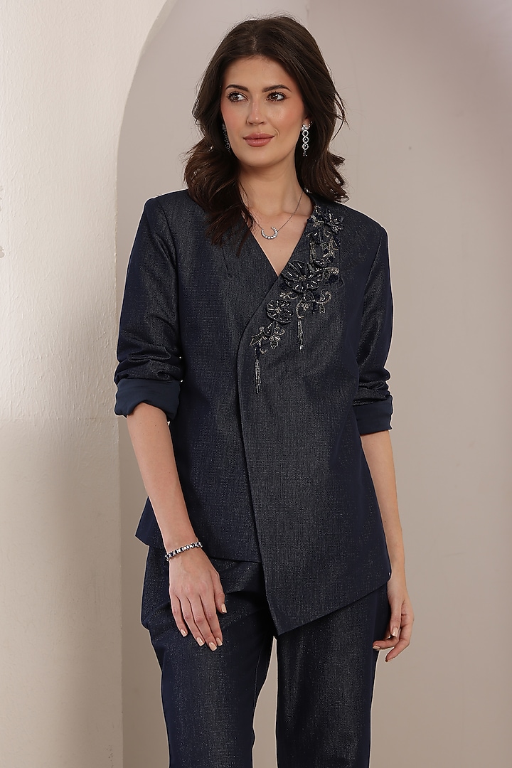 Indigo Denim Crystal & Thread Embroidered Asymmetric Blazer Set by Saaj By Ankita at Pernia's Pop Up Shop